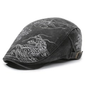 Béret vintage en denim noir délavé avec motif dragon blanc brodé pour hommes - Réglable / Noir