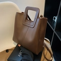 Retro dunkelbraune matte Leder-Einkaufstasche mit quadratischen Hohlgriffen für Damen - Braun