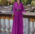 Elegant purple V-neck long sleeve top and sequin wide-leg pants set with a waist belt - Deep Purple with Belt