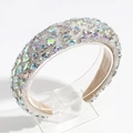 Close-up of a Baroque headband featuring rainbow rhinestones on a silver alloy base - Rainbow Rhinestone / White