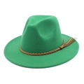 Close-up of green wool fedora hat with brown braided leather band and tassel detail - M (56-58cm) / Grass Green