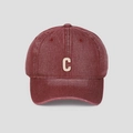 Detailed view of burgundy denim baseball cap featuring a white embroidered C letter patch - M (56-58cm) / Red