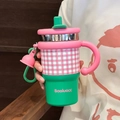 Pink and green stainless steel insulated coffee tumbler with handle and straw accessory - Pink Green (Stainless Steel)