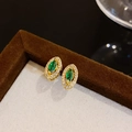 Golden marquise stud earrings with green emerald-cut gemstone and white crystals - Gold Green Marquise Gemstone Style