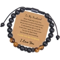 Detail of tiger eye and matte black beads bracelet with adjustable woven cord and gift card - To My Husband (Card)