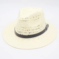 Close-up of beige woven Panama hat texture with black leather belt and silver metal buckle - Cream