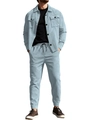 Light blue faux suede utility set with buttoned jacket and drawstring trousers for men - S / Light Blue