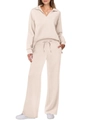 Women's chic beige lounge set with long sleeve V-neck top and drawstring wide-leg pants - XS / Top And Bottom / Apricot