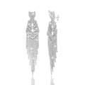 Luxurious silver long tassel earrings with sparkling rhinestones and elegant drop design - Non-Pierced Clip Tassel / Silver (Clip-on)
