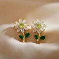 Boucles d'oreilles fleur dorées avec feuille verte et zircon sur soie - Or/Vert/Jaune