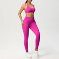Dettaglio del reggiseno sportivo allacciato al collo e leggings yoga fucsia - XS / Frutto del Drago
