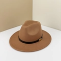 Brown wool felt fedora hat featuring a thin black band and gold metallic buckle detail - M(57cm) / Light Coffee (Black Metal Buckle)