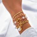 Set di bracciali dorati a più strati con perle e ciondoli a cuore al polso - Stile di Giunzione a Catena di Perle Multistrato (3893) / Oro