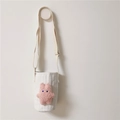 White canvas bear embroidery water bottle bag with pink plush rabbit and adjustable strap - White/Pink Bunny