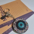 Sparkling rhinestone evil eye keychain with black leather tassel on silver metal ring - Mixed Black