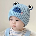 Light blue knitted baby beanie with cute cartoon frog face embroidery and ear protection - Smiling Frog - Blue