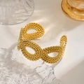 Golden woven texture wide open cuff bracelet in polished minimalist stainless steel style - Gold Braided Hollow