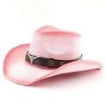 Pink woven western cowboy straw hat with curled brim and metallic bull skull ornament - M(56-58cm) / White Pink Spray