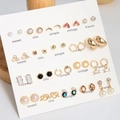 20-teiliges goldenes Ohrring-Set mit Perlen und Strass auf weißer Displaykarte - Goldene Sortierte Stile (E0519-1)