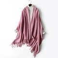 Pink knitted shawl scarf with fringe hem over white turtleneck sweater for women - Rubber Pink