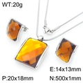 Retro square yellow glass pendant necklace and earrings set in polished stainless steel - Steel Amber (KS225764-GC)