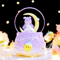 Luminous crystal ball music box with girl on yellow moon and Good Night base - 2393 Purple Base / Medium 80# LED Light+Music