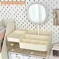 Cream desktop organizer with LED mirror, clear drawers and multi-grid storage zones - Luxury 3-Drawer Storage Box With LED Mirror Cream White