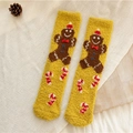 Warm yellow coral fleece Christmas socks with gingerbread man and candy cane embroidery - One Size / Gingerbread Man