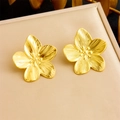 French vintage 18k gold flower stud earrings with silky texture on beige leather stand - Five-Petal Textured Stud Earrings(E6192)