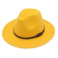 Close-up of a bright yellow fedora hat with a brown leather strap and metal buckle - M(56-58cm) / Yellow