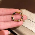 Handmade tiger eye stone beaded stretch ring with heart charm and golden accent beads - Spotted Stone Metal Bead Elastic Style