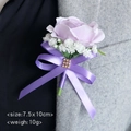 Purple artificial rose boutonniere with satin ribbon and gold rhinestone on suit lapel - Purple