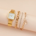 Elegant women's gold square watch and three matching metal bracelets set on a stand - Gold Watch Set (bow Box)