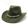 Army green wide brim wool felt hat with vintage bohemian marble stone embellishments - M(56-58cm) / Army Green