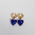 Retro Murano style heart hoop earrings with deep blue glass pendant and gold hoops - Blue