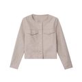 Women's oatmeal short wool jacket with gold buttons and four front pockets on white background - XS / Apricot