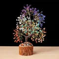 Colorful natural crystal stone tree with metal wire branches and a solid wood base - Multicolor Crystal Wood Base Money Tree (Style 1)