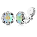 Detail view of silver geometric clip-on earrings with colorful crystals and rhinestones - Silver Iridescent Round