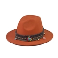 Orange red wool felt fedora featuring a bohemian ethnic band with turquoise and beads - 19-Orange Red