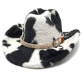 Cappello da cowboy invernale con stampa mucca bianca e nera, peluche e fascia intrecciata - M (56-58cm) / Corona Piatta / Nero