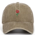 Close-up of red rose embroidery on a vintage washed khaki cotton baseball cap - Khaki