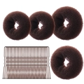Brown hair bun maker set with four sponge donuts and U-shaped hairpins on white background - 34-Piece Coffee Set / Brown