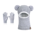 Kids light grey knitted balaclava hat with double pom-poms and matching gloves set - Two-tone Grey