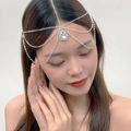 Elegant silver bridal head chain with waterdrop crystal and tiered rhinestone tassels detail - Silver Bohemian Teardrop Hair Chain (01 Bright Silver 6054)