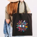 Schwarze Segeltuch-Einkaufstasche mit lebhaftem griechischen Evil Eye Graffiti-Druck am Riemen - Design D-Pop-Art Auge-Schwarz
