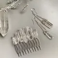 Handmade natural white crystal hair comb and earrings set with raw quartz on silver base - Natural Clear Quartz Earrings