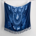 Dark blue tie-dye cotton scarf with white ethnic patterns and long tassel fringe edges - Dark Blue Symmetric Ethnic (2023-1-2)