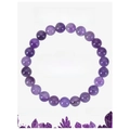 Detail showing 8mm amethyst bead bracelet with healing properties card on white background - Amethyst Bracelet