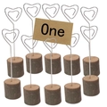 Set of 10 wooden cylinder card holders with heart-shaped silver wire clips for photos - Double Heart Spiral Clip Style (JM01642)