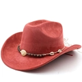 Detail of red faux suede cowboy hat featuring ethnic shell and wooden bead hatband - Brick Red